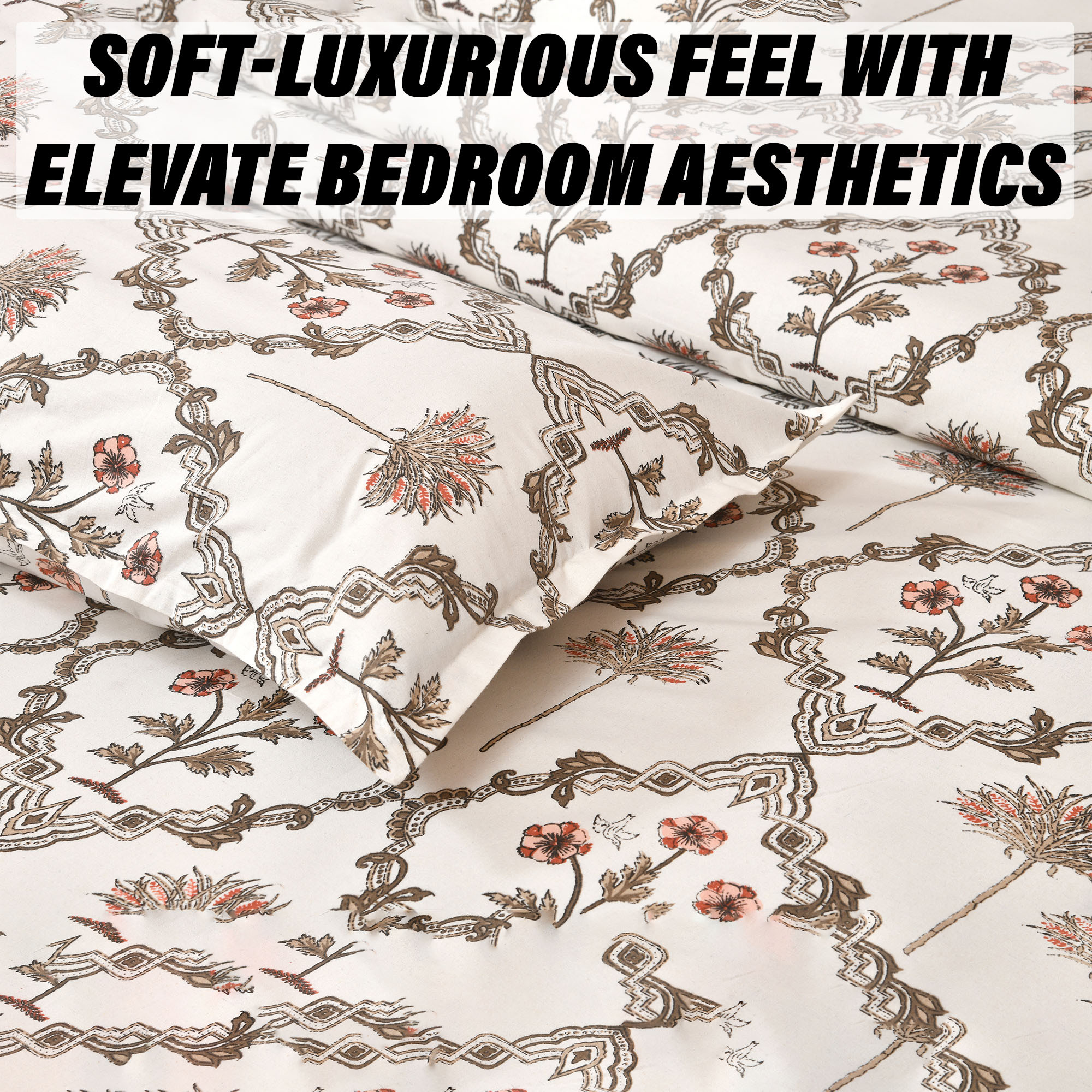 Kuber Industries Dohar Set | 1 Piece Double Bedsheet with 2 Pillow Cover & Dohar Combo Set | Bedsheet & AC Blanket Set for Bedroom | Comforter | Quilt | Pushpa Flower Star | Set of 4 | Brown