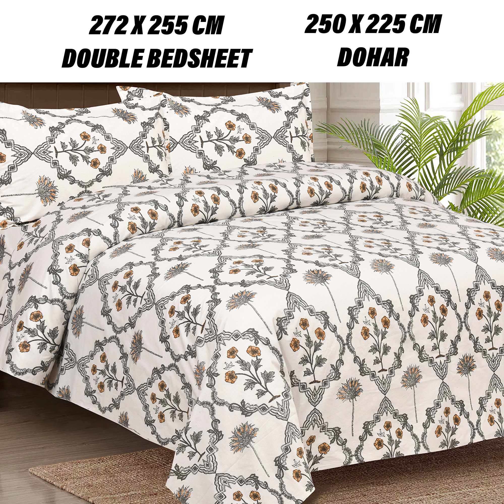 Kuber Industries Dohar Set | 1 Piece Double Bedsheet with 2 Pillow Cover & Dohar Combo Set | Bedsheet & AC Blanket Set for Bedroom | Comforter | Quilt | Pushpa Flower Star | Set of 4 | Gray