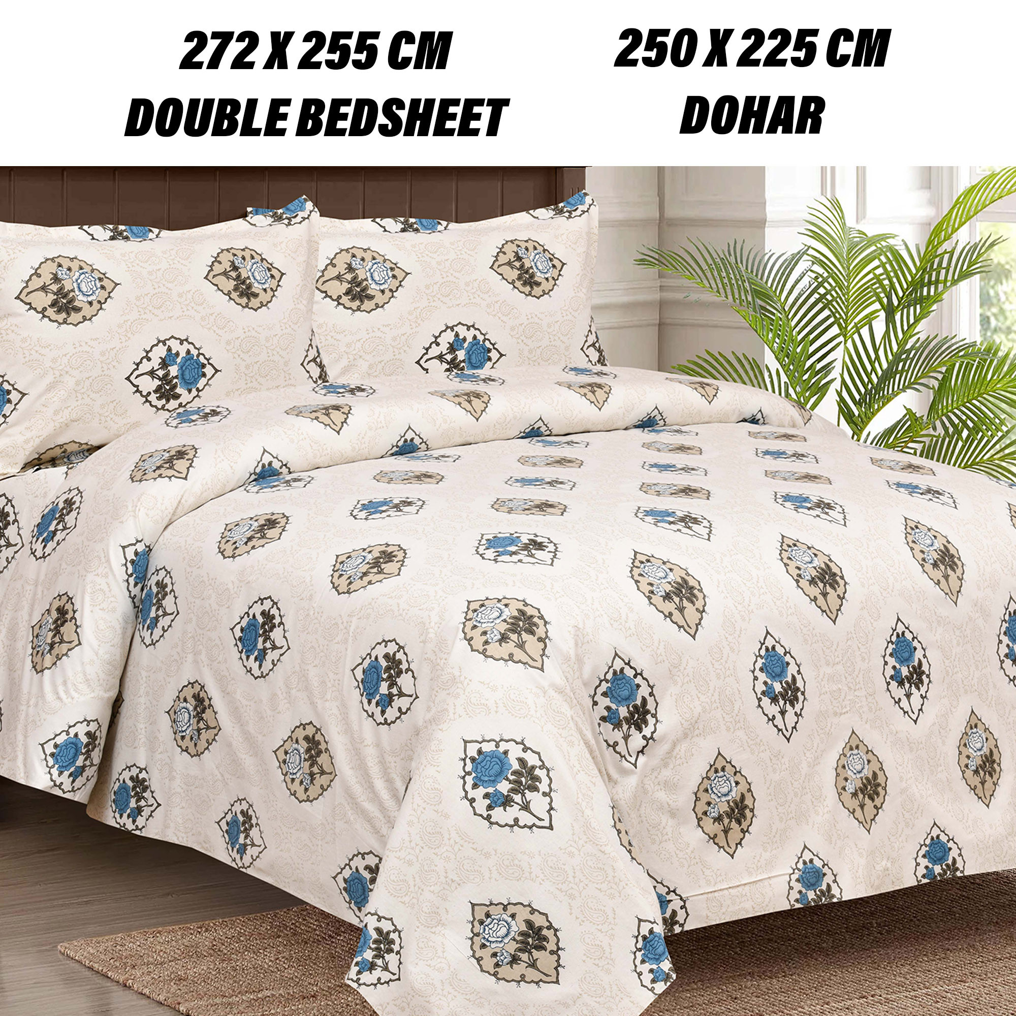 Kuber Industries Dohar Set | 1 Piece Double Bedsheet with 2 Pillow Cover & Dohar Combo Set | Bedsheet & AC Blanket Set for Bedroom | Comforter | Quilt | Pushpa Rose Print | Set of 4 | Blue