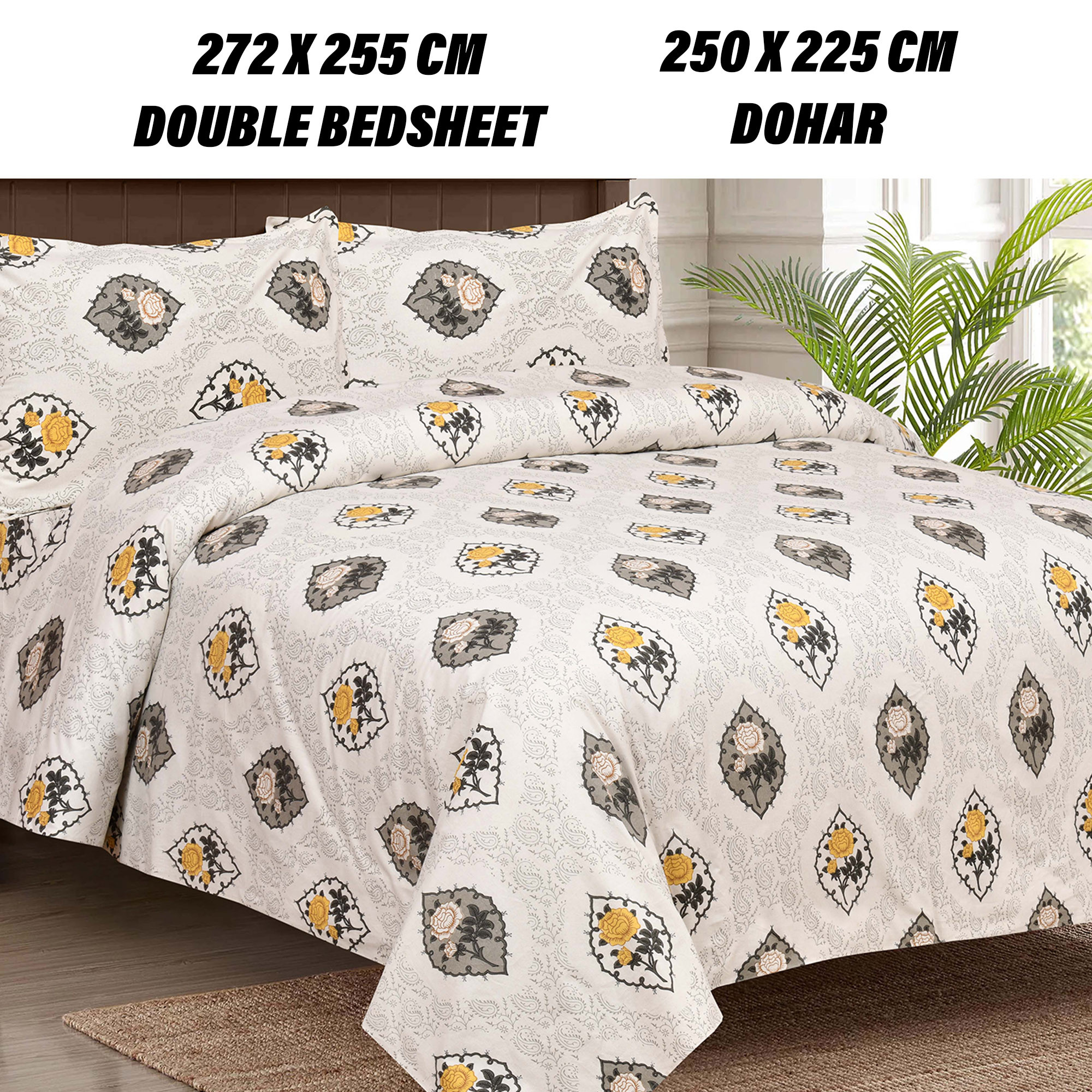 Kuber Industries Dohar Set | 1 Piece Double Bedsheet with 2 Pillow Cover & Dohar Combo Set | Bedsheet & AC Blanket Set for Bedroom | Comforter | Quilt | Pushpa Rose Print | Set of 4 | Yellow