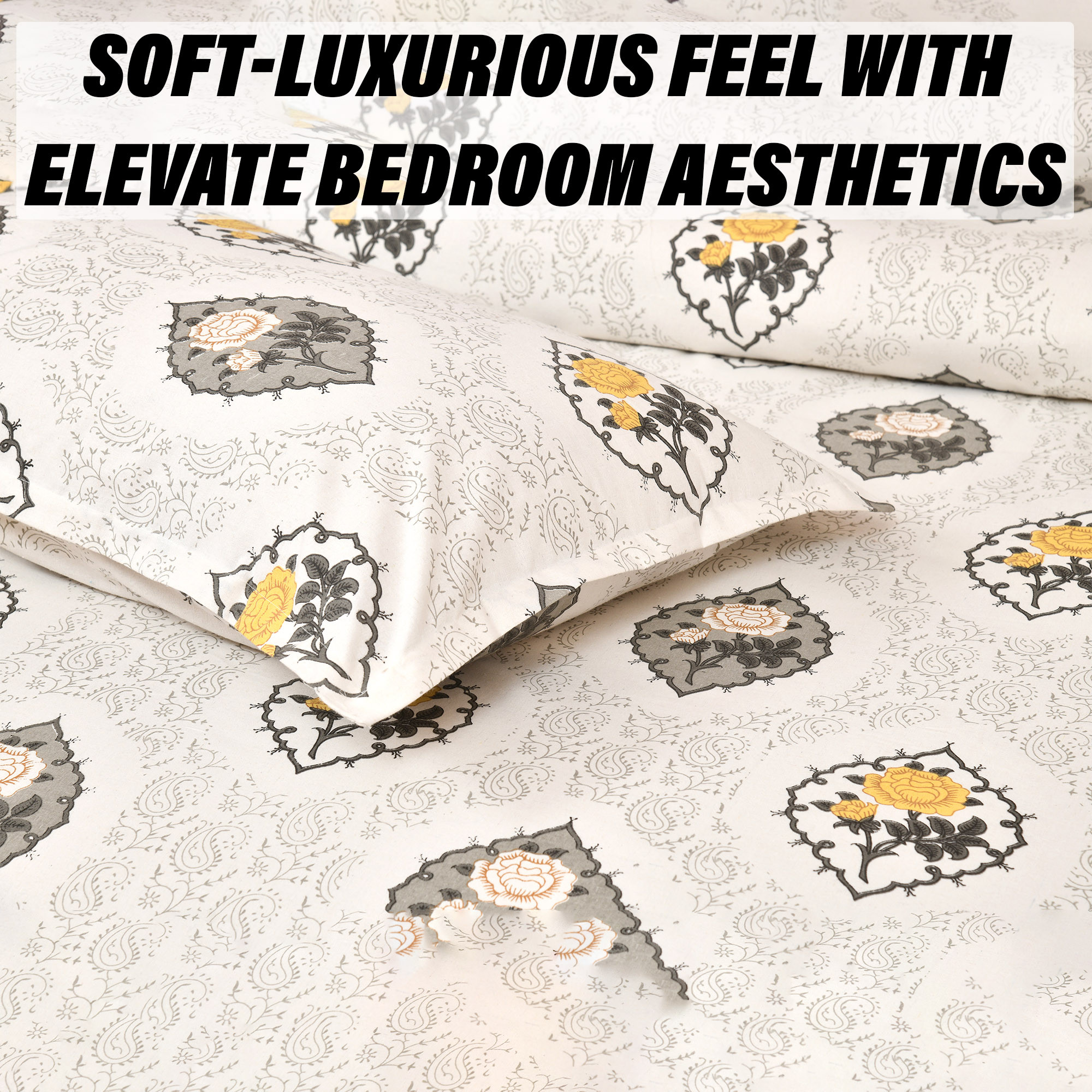 Kuber Industries Dohar Set | 1 Piece Double Bedsheet with 2 Pillow Cover & Dohar Combo Set | Bedsheet & AC Blanket Set for Bedroom | Comforter | Quilt | Pushpa Rose Print | Set of 4 | Yellow