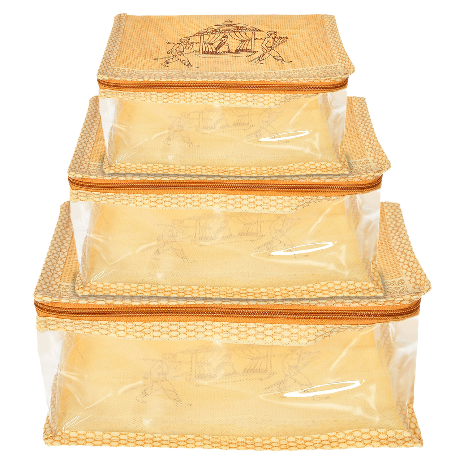 Kuber Industries Doli Printed Multiuses Non-Woven Makeup/Jewellery Organizer Bag, Travel Toiletry Pouch,(Gold)