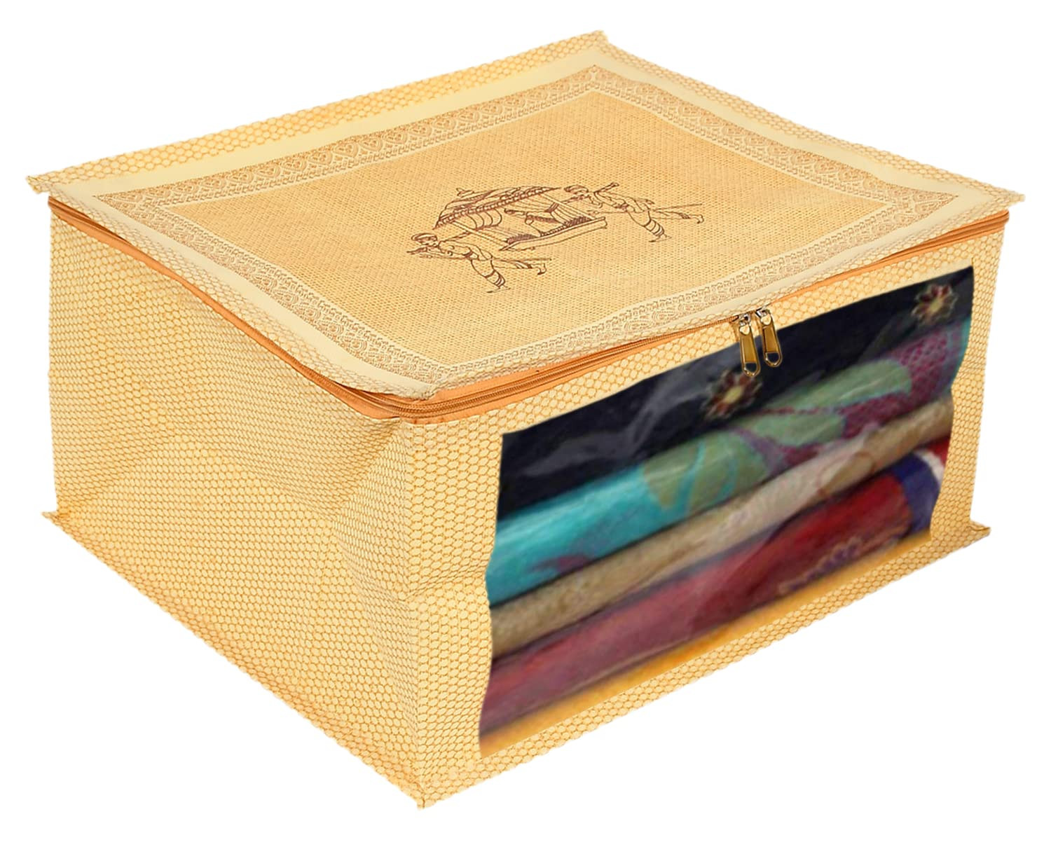 Kuber Industries Doli Printed Non-woven Foldable Saree Cover/Clothes Storage Bag/Wardrobe Organizer With Transparent Window (Gold) 54KM4173