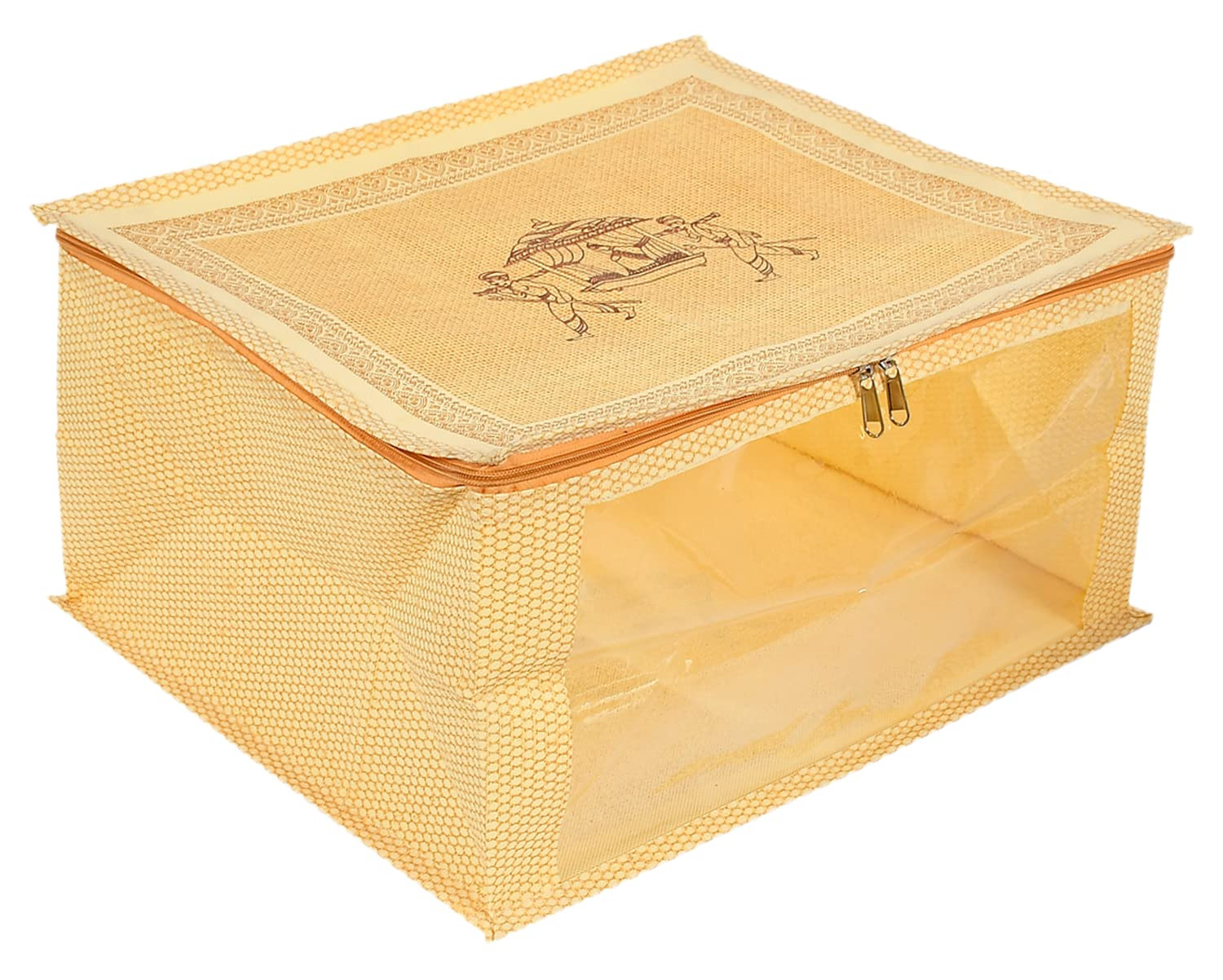 Kuber Industries Doli Printed Non-woven Foldable Saree Cover/Clothes Storage Bag/Wardrobe Organizer With Transparent Window (Gold) 54KM4173