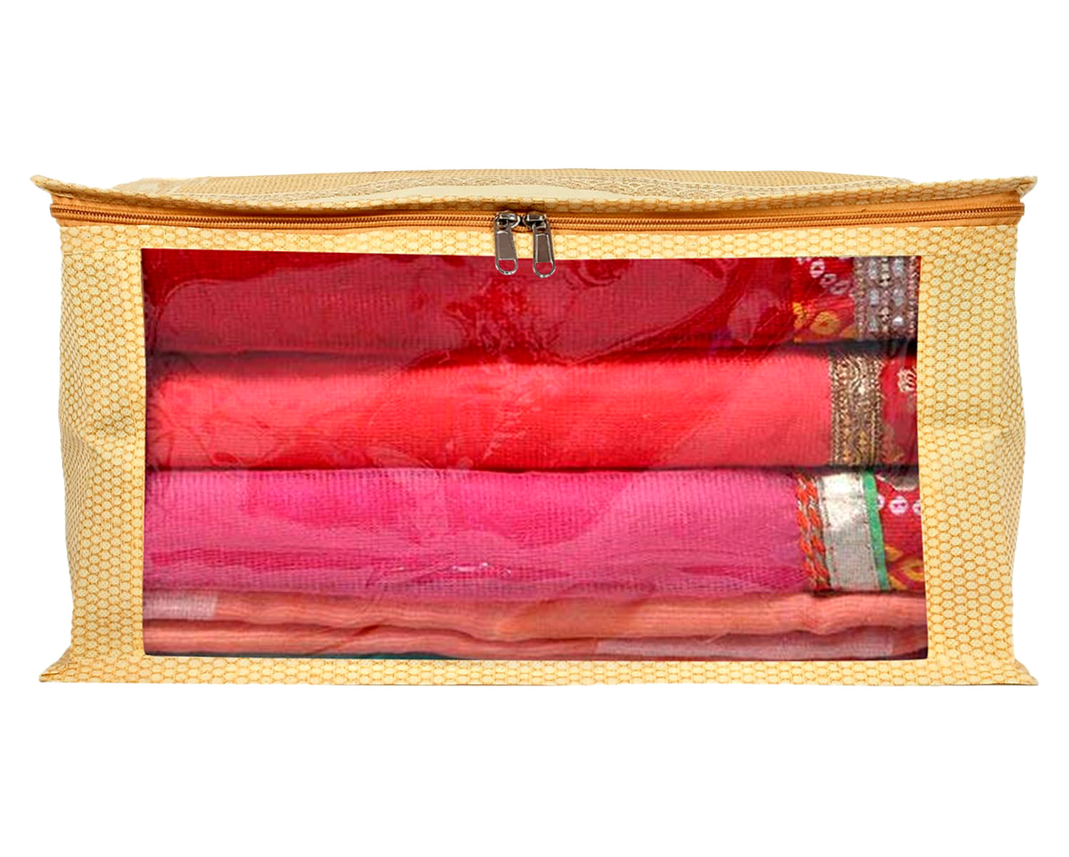 Kuber Industries Doli Printed Non-woven Foldable Saree Cover/Clothes Storage Bag/Wardrobe Organizer With Transparent Window (Gold) 54KM4173