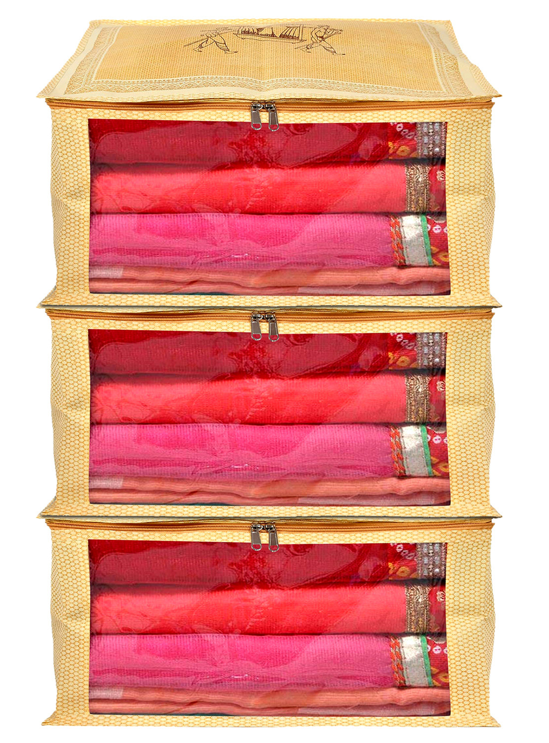 Kuber Industries Doli Printed Non-woven Foldable Saree Cover/Clothes Storage Bag/Wardrobe Organizer With Transparent Window (Gold) 54KM4173