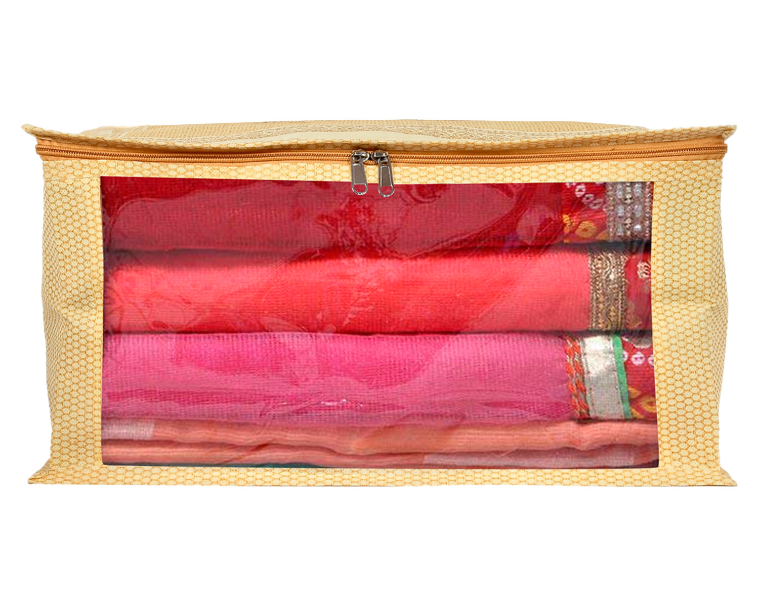 Kuber Industries Doli Printed Non-woven Foldable Saree Cover/Clothes Storage Bag/Wardrobe Organizer With Transparent Window (Gold)