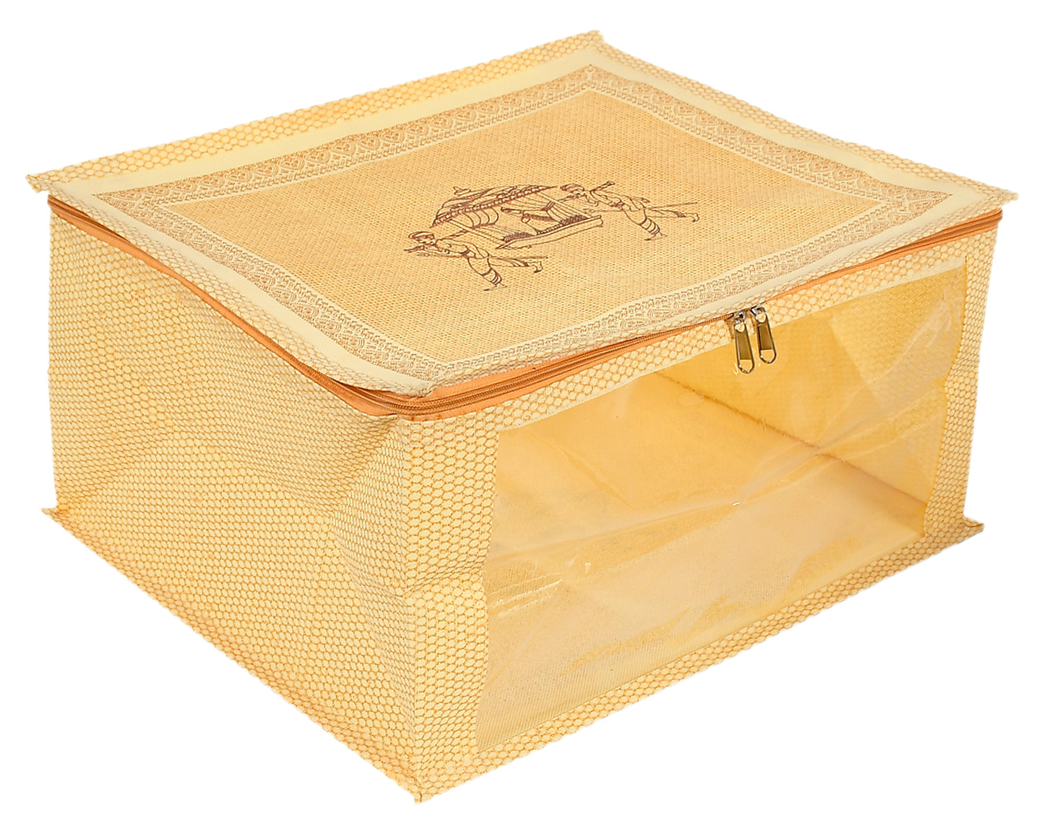 Kuber Industries Doli Printed Non-woven Foldable Saree Cover/Clothes Storage Bag/Wardrobe Organizer With Transparent Window (Gold)