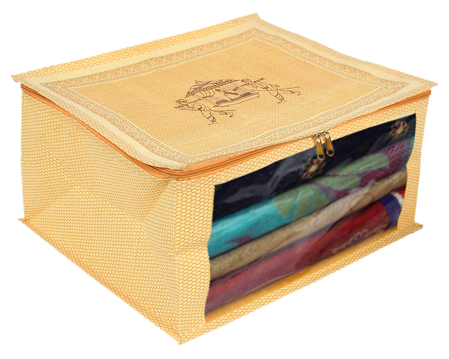 Kuber Industries Doli Printed Non-woven Foldable Saree Cover/Clothes Storage Bag/Wardrobe Organizer With Transparent Window (Gold)