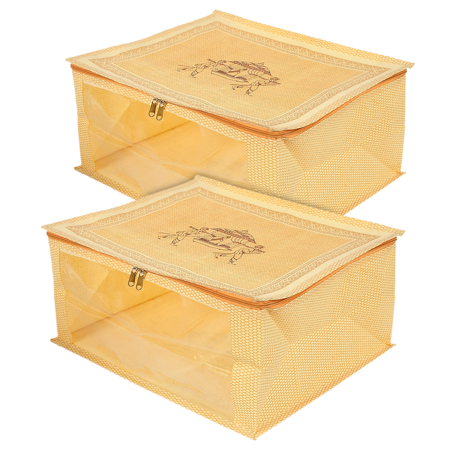 Kuber Industries Doli Printed Non-woven Foldable Saree Cover/Clothes Storage Bag/Wardrobe Organizer With Transparent Window (Gold)