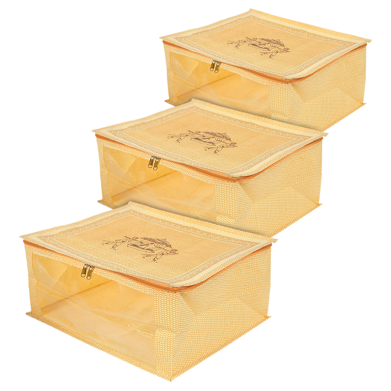 Kuber Industries Doli Printed Non-woven Foldable Saree Cover/Clothes Storage Bag/Wardrobe Organizer With Transparent Window (Gold)