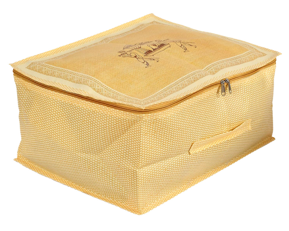 Kuber Industries Doli Printed Non-woven Foldable Underbed/Storage Bag/Wardrobe Organizer (Gold) 54KM4294