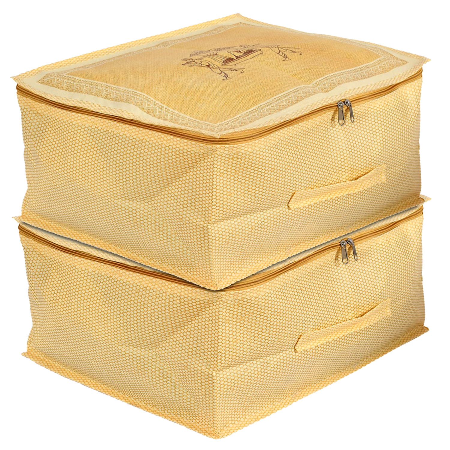Kuber Industries Doli Printed Non-woven Foldable Underbed/Storage Bag/Wardrobe Organizer (Gold) 54KM4294