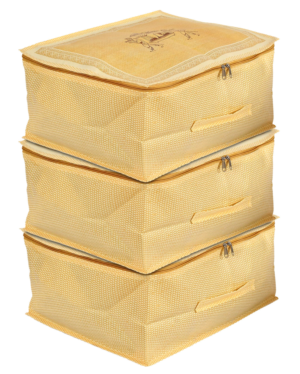 Kuber Industries Doli Printed Non-woven Foldable Underbed/Storage Bag/Wardrobe Organizer (Gold) 54KM4294