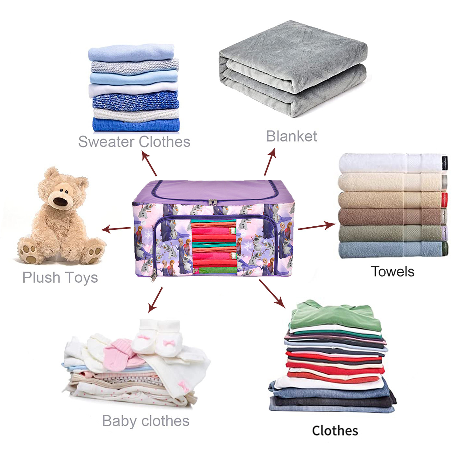 Kuber Industries Doll Print Steel Frame Living Box, Closet Organizer, Cloth Storage Boxes for Wardrobe With Clear Window, 44Ltr. (Purple) 54KM4097