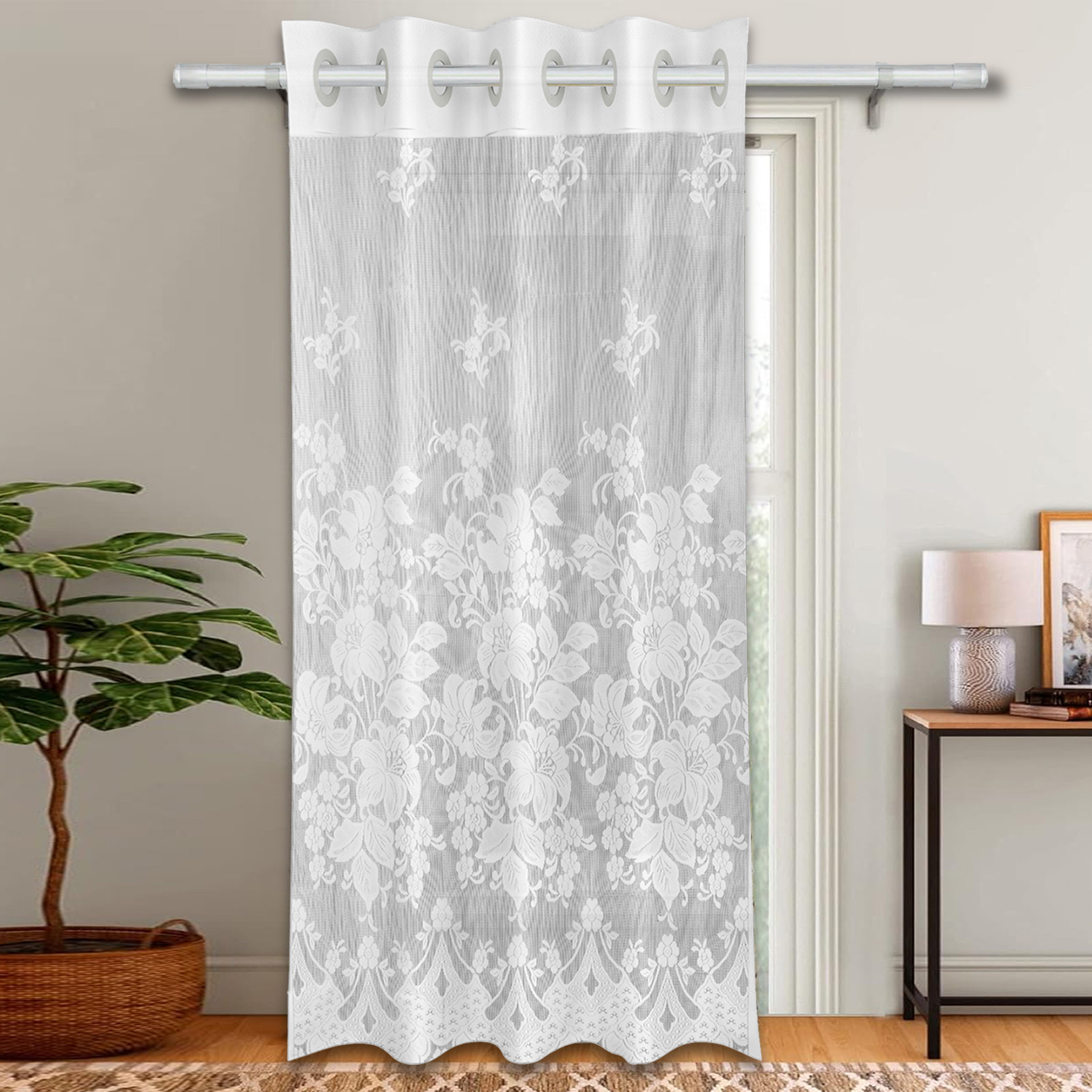 Kuber Industries Door Curtain | Darkening Door Curtains | Premium Drapes for Bedroom | Sheer Curtain with 8 Rings | Parda for Living Room | Net Frill Door Curtain | 7 Ft | SY27 | White