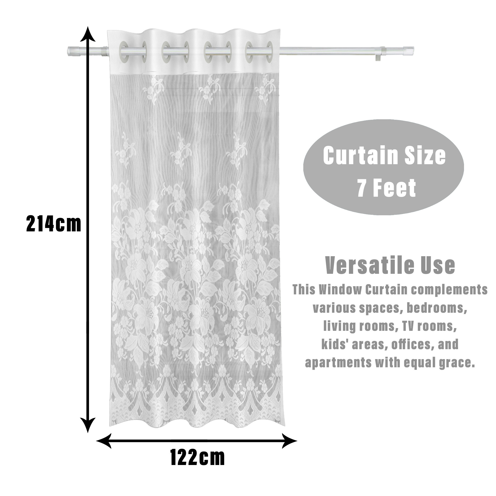 Kuber Industries Door Curtain | Darkening Door Curtains | Premium Drapes for Bedroom | Sheer Curtain with 8 Rings | Parda for Living Room | Net Frill Door Curtain | 7 Ft | SY27 | White