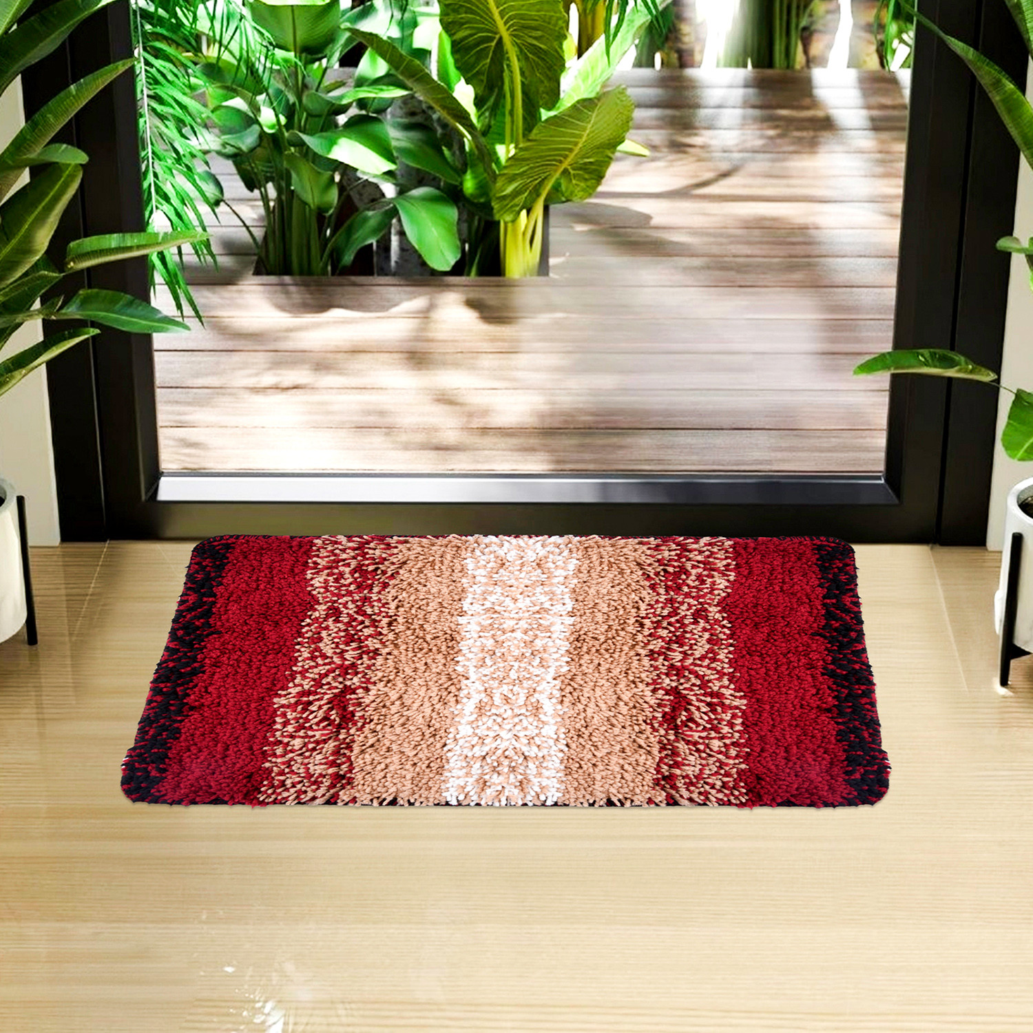 Kuber Industries Door Mat | Dust Trapper Mat | Door Entrance Mat | Anti-Skid Door Mat | Floor Mat for Home Entrance | Maroon Patta Rainbow Mat | Entryway Door Mat | Cream