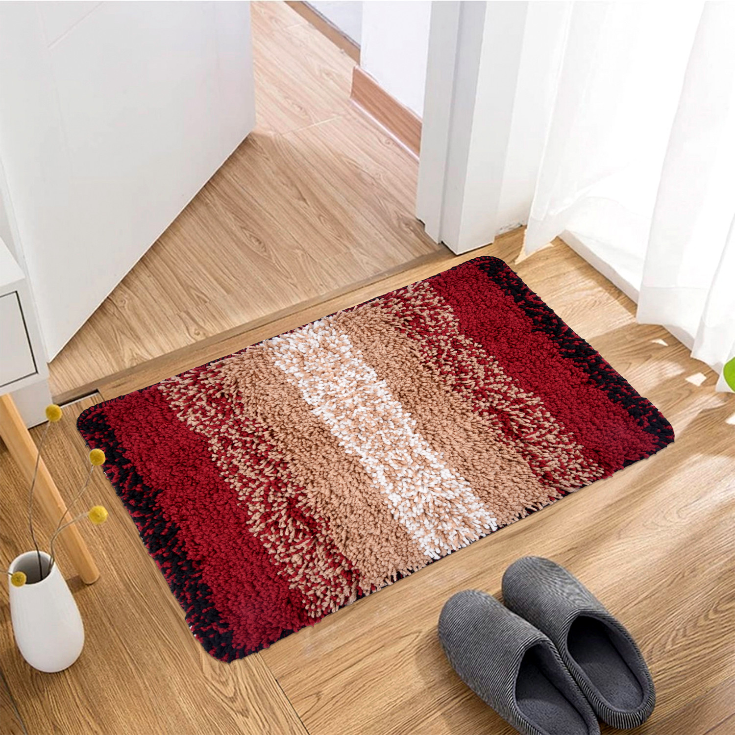 Kuber Industries Door Mat | Dust Trapper Mat | Door Entrance Mat | Anti-Skid Door Mat | Floor Mat for Home Entrance | Maroon Patta Rainbow Mat | Entryway Door Mat | Cream