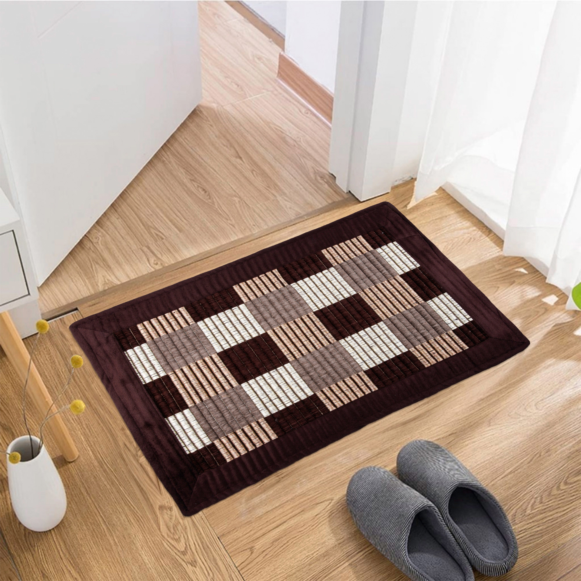 Kuber Industries Door Mat | Entryway Reversible Door Mat | Door Entrance Mat | Floor Door Mat | Door Mats for Outdoor & Indoor | Check Lining Door Mat | Brown