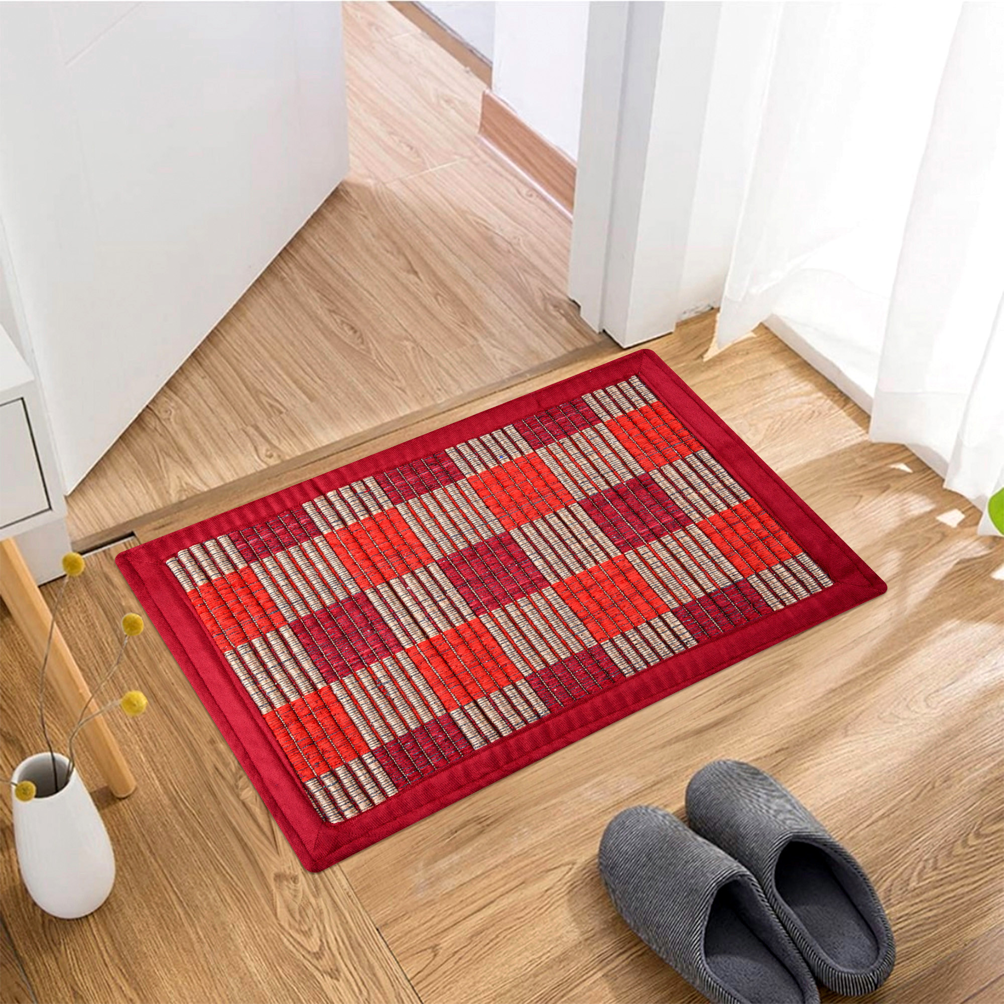 Kuber Industries Door Mat | Entryway Reversible Door Mat | Door Entrance Mat | Floor Door Mat | Door Mats for Outdoor & Indoor | Check Lining Door Mat | Maroon
