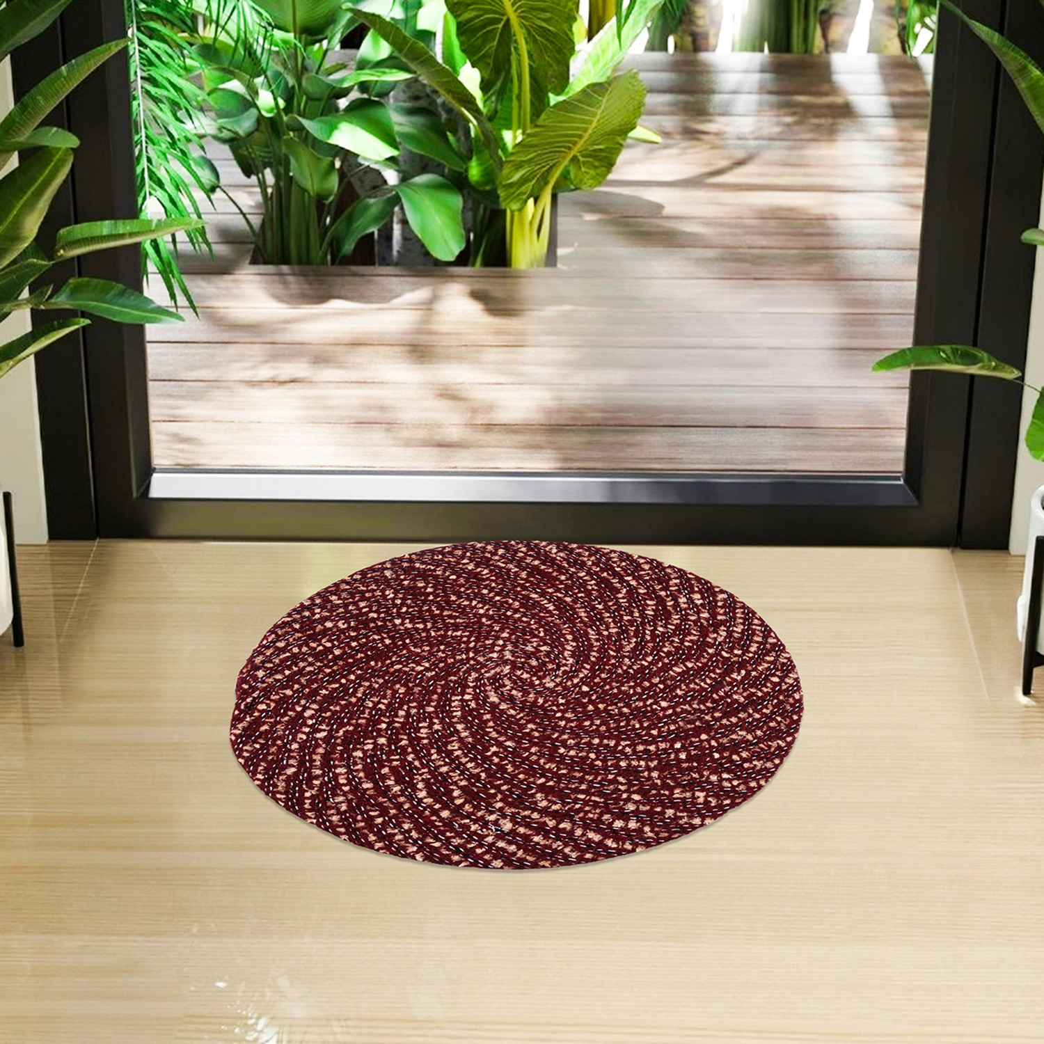 Kuber Industries Door Mat | Round Shape Feather Door Mat | Cotton Reversible Mat | Door Mat for Kitchen | Door Mat for Home | 16 Inch | Small | Maroon