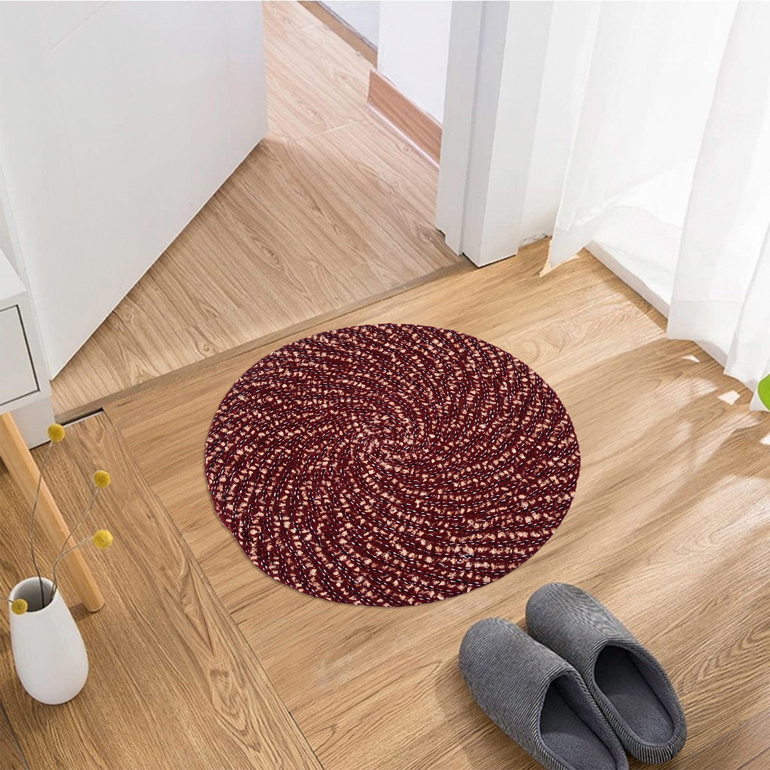 Kuber Industries Door Mat | Round Shape Feather Door Mat | Cotton Reversible Mat | Door Mat for Kitchen | Door Mat for Home | 16 Inch | Small | Maroon
