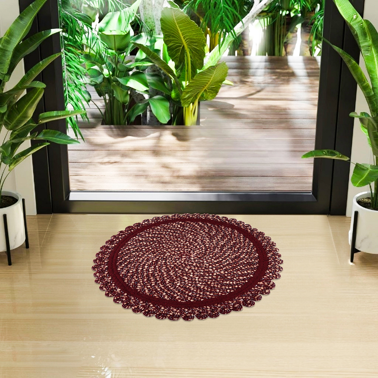Kuber Industries Door Mat | Round Shape Feather Door Mat | Cotton Reversible Mat | Door Mat for Kitchen | Door Mat for Home | 20 Inch | Large | Maroon