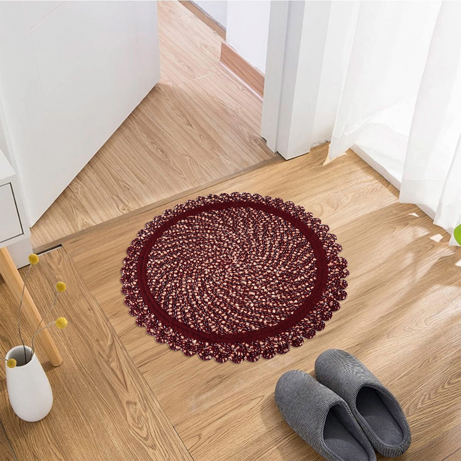 Kuber Industries Door Mat | Round Shape Feather Door Mat | Cotton Reversible Mat | Door Mat for Kitchen | Door Mat for Home | 20 Inch | Large | Maroon
