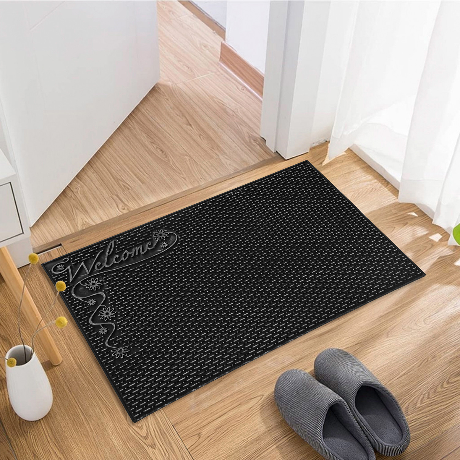 Kuber Industries Door Mat | Rubber Mud Trapper Mat | Welcome Mat | Floor mat | Door Mat for Home Entrance | Bathroom Mat | Entry Way Doormat | Black & Silver