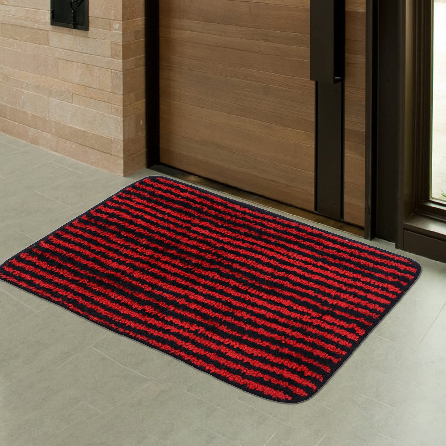 Kuber Industries Door mat|Microfiber Slip-Resistant Water Absorbant Floor Mat|Stripes Pattern Entrance Mat for Kitchen,Bedside,Door,Living Room,60x40 cm,Pack of 2 (Black & Red)