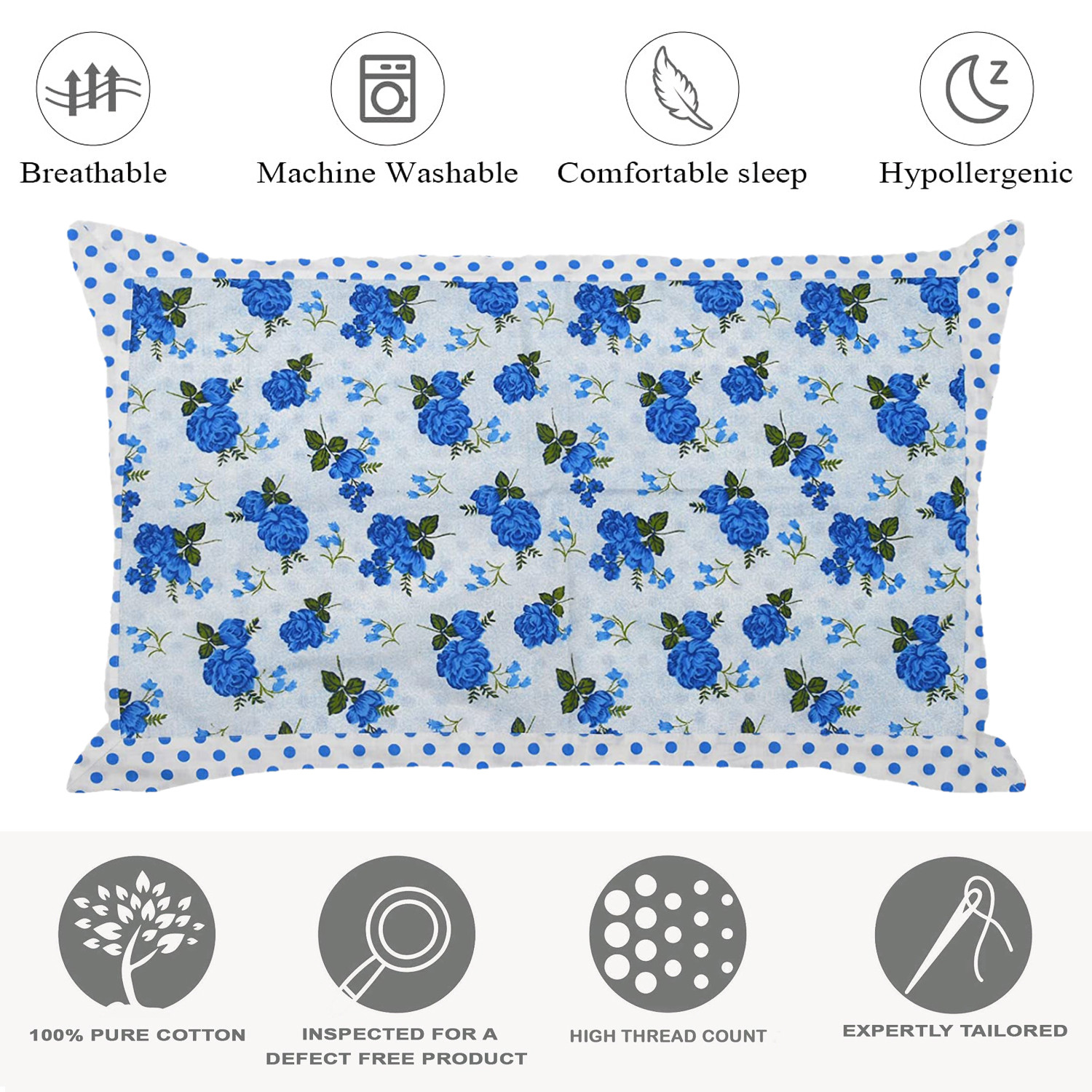 Kuber Industries Dot Print Cotton Pillow Cover- 17x27 Inch,(Blue)