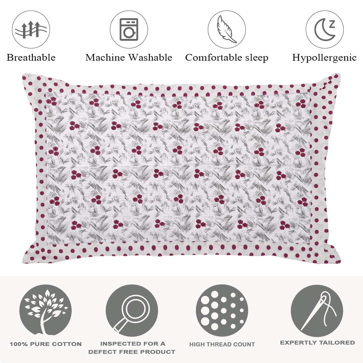 Kuber Industries Dot Print Cotton Pillow Cover- 17x27 Inch,(Pink)