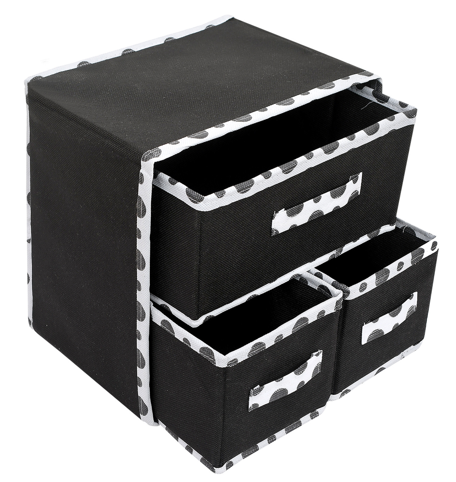 Kuber Industries Dot Printed 3 Drawers Foldable Non-Woven Dressing/Jewllery/Makeup Organizer Box (Black)-45KM09