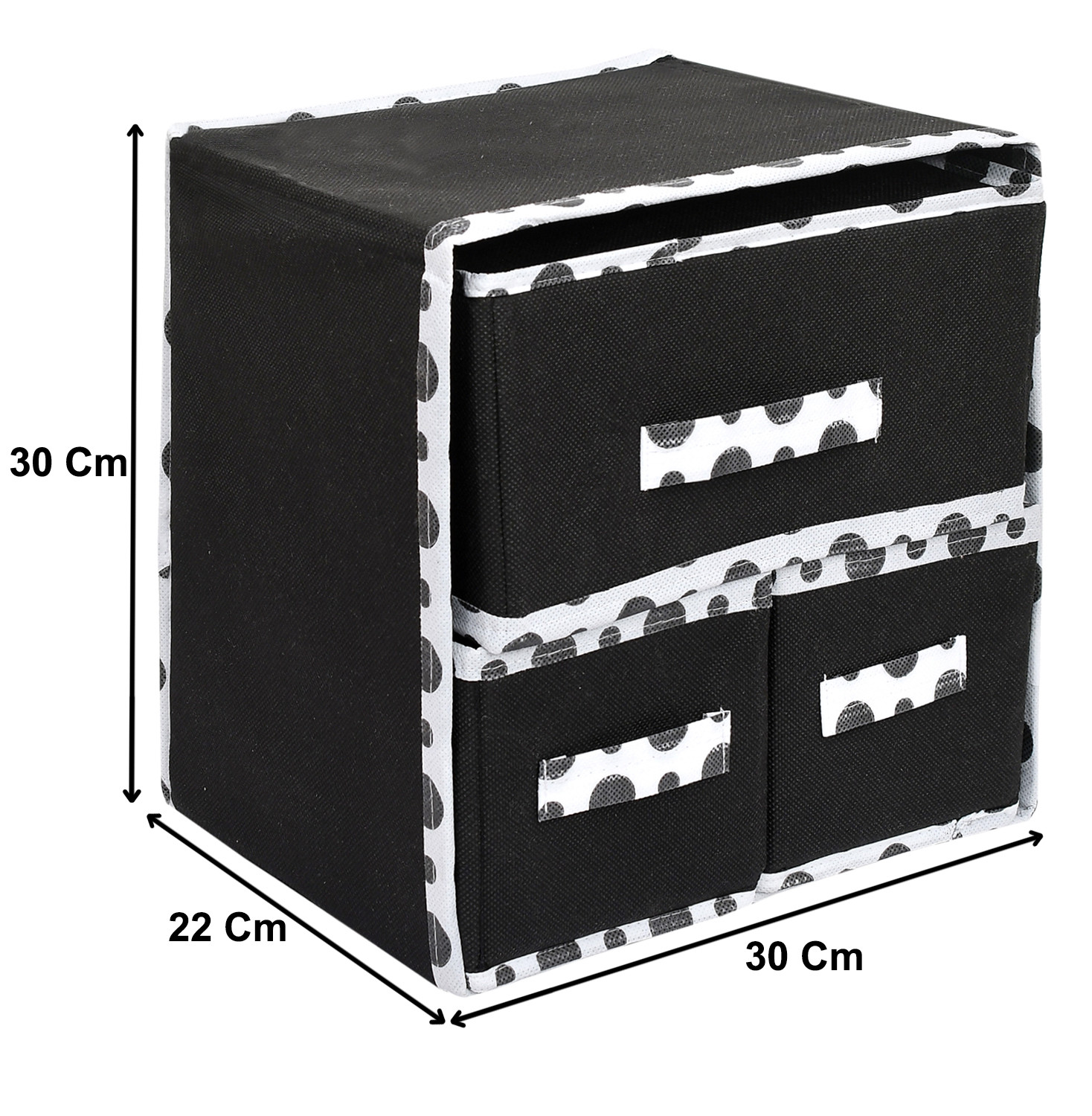 Kuber Industries Dot Printed 3 Drawers Foldable Non-Woven Dressing/Jewllery/Makeup Organizer Box (Black)-45KM09