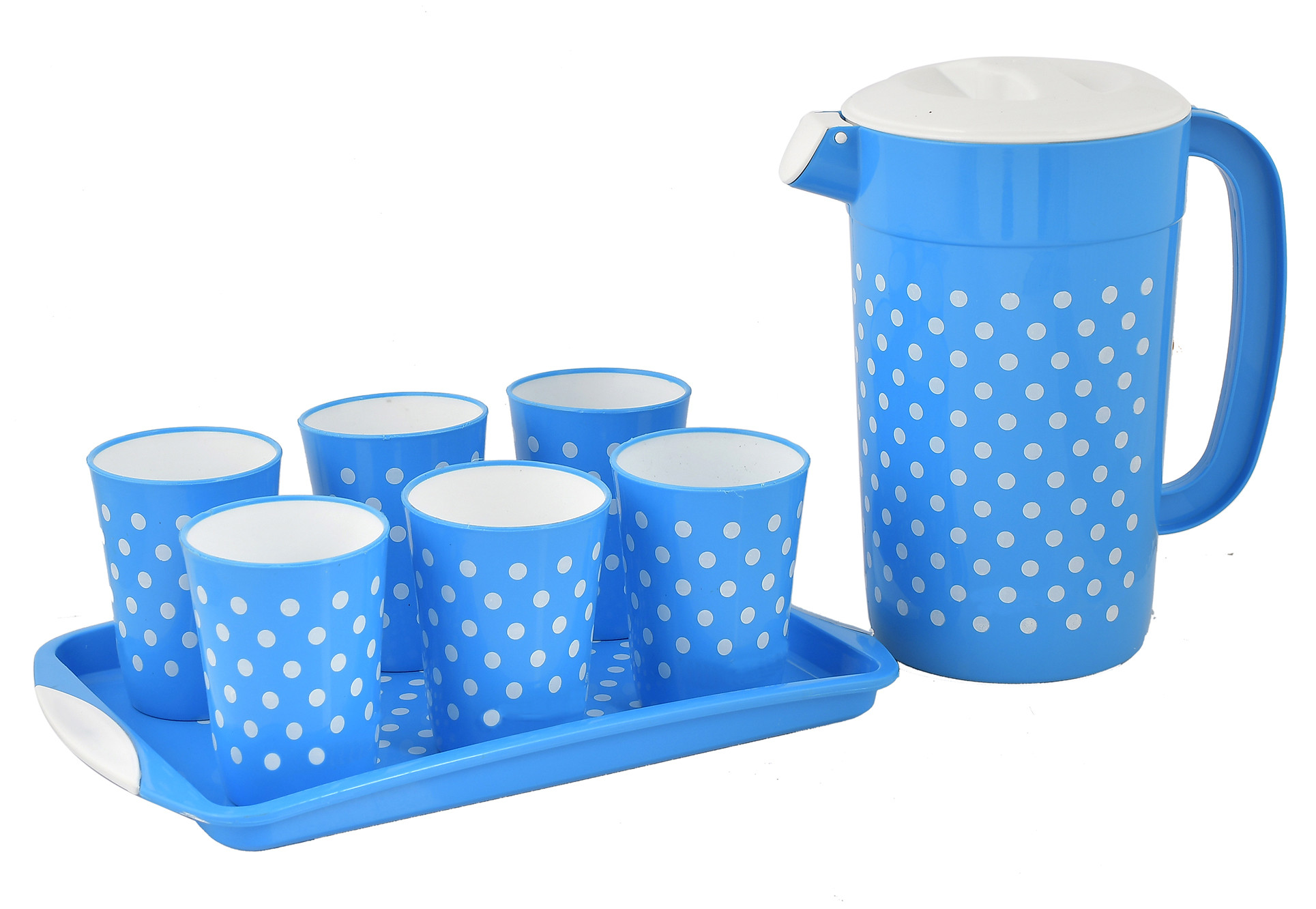 Kuber Industries Dot Printed BPA Free Food Grade Unbreakable Plastic 6 Tumblers/Glass Set With Jug & Tray Drinkware Set, Set of 8 (Blue)-HS42KUBMART25097