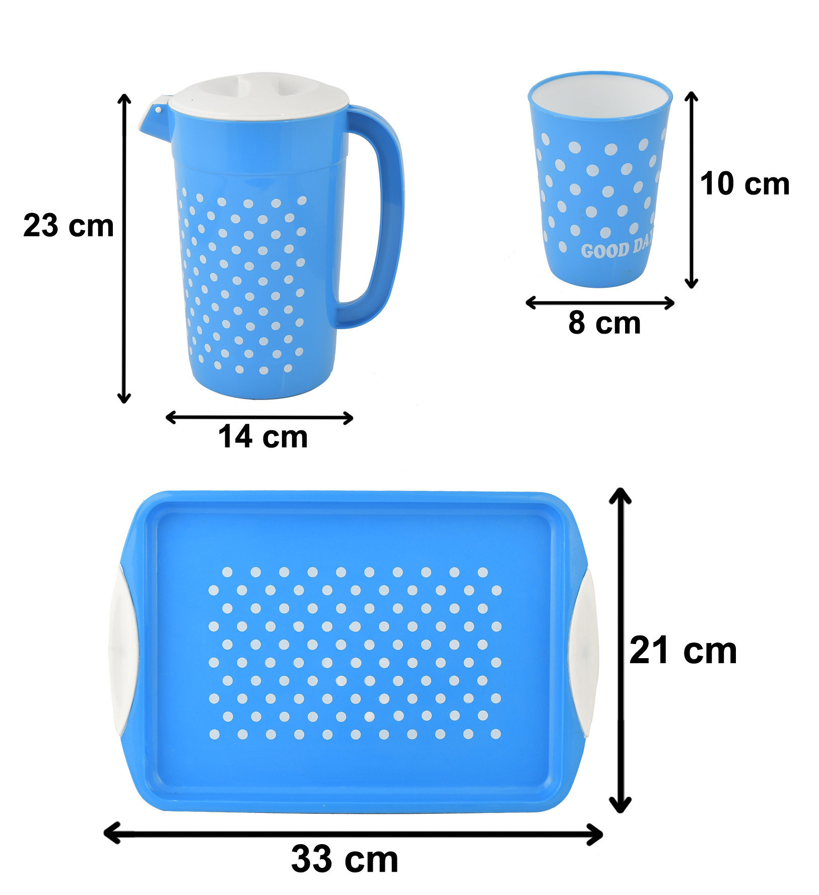 Kuber Industries Dot Printed BPA Free Food Grade Unbreakable Plastic 6 Tumblers/Glass Set With Jug & Tray Drinkware Set, Set of 8 (Blue)-HS42KUBMART25097
