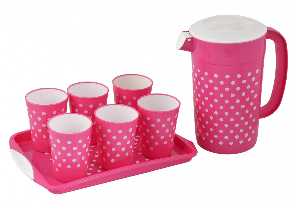 Kuber Industries Dot Printed BPA Free Food Grade Unbreakable Plastic 6 Tumblers/Glass Set With Jug &amp; Tray Drinkware Set, Set of 8 (Pink)-HS42KUBMART25099