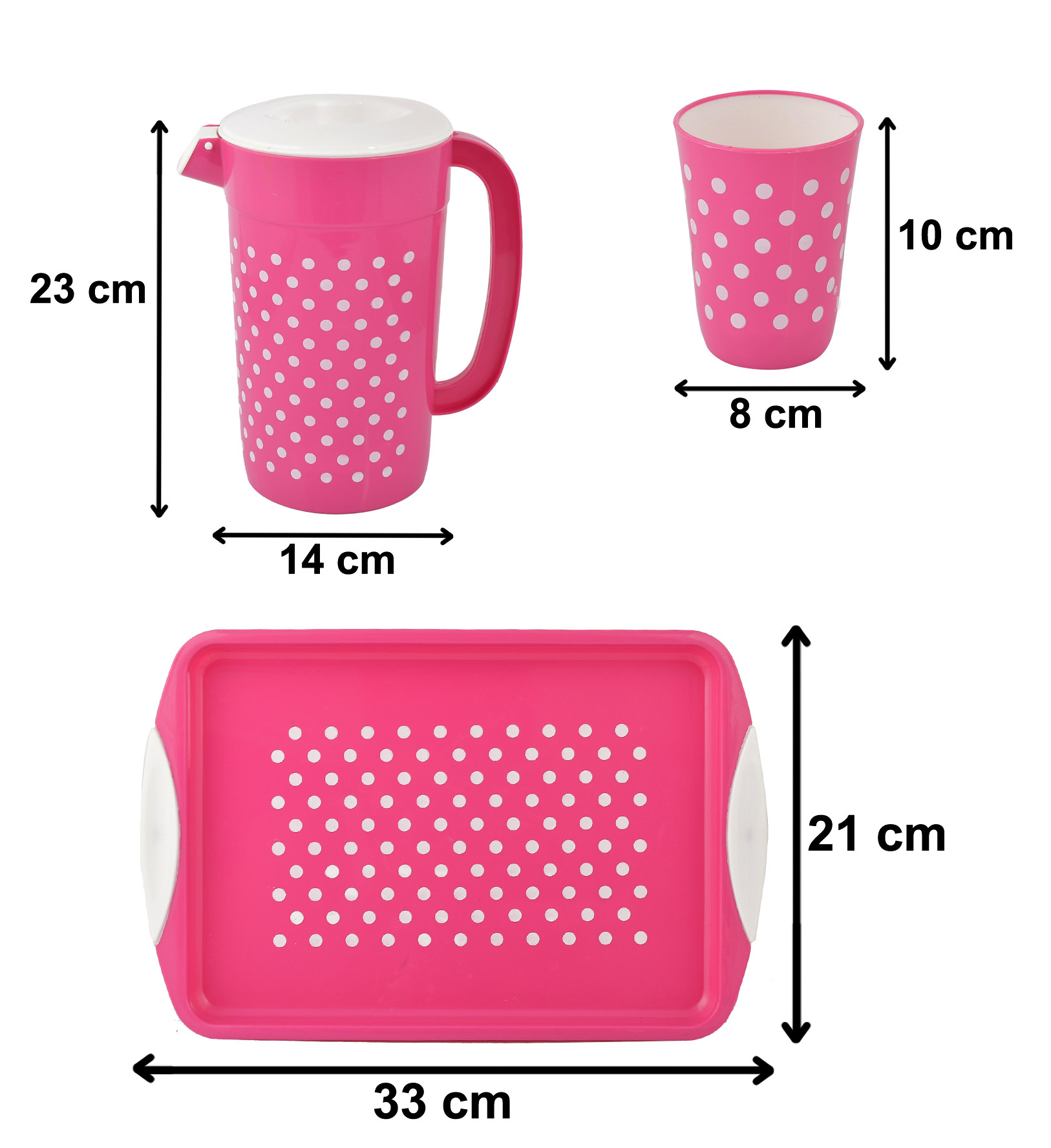 Kuber Industries Dot Printed BPA Free Food Grade Unbreakable Plastic 6 Tumblers/Glass Set With Jug & Tray Drinkware Set, Set of 8 (Pink)-HS42KUBMART25099