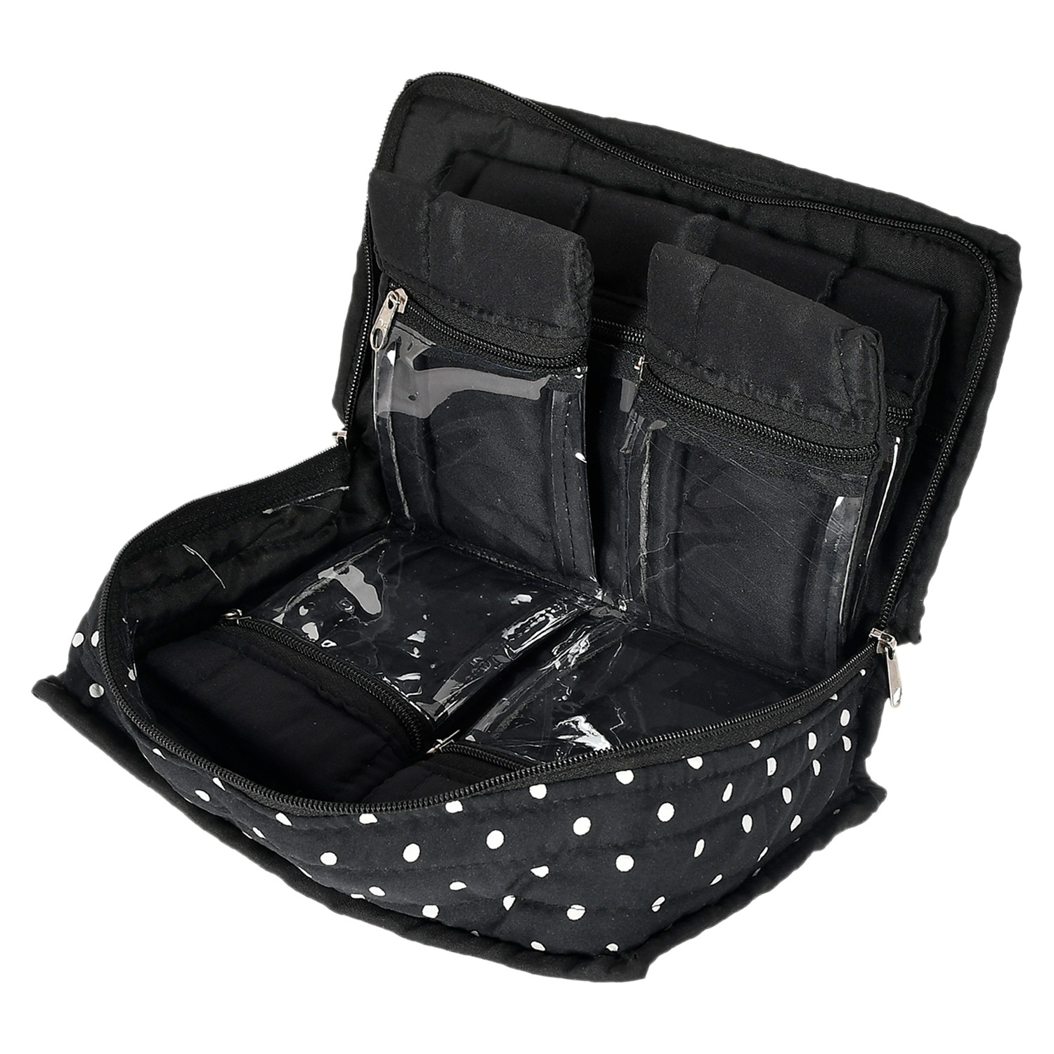 Kuber Industries Dot Printed Cotton Jewellery Organizer With 6 Transparent Pockets For Keeps Your Jewellery,Earrings, Necklaces Organized And Secure (Black)