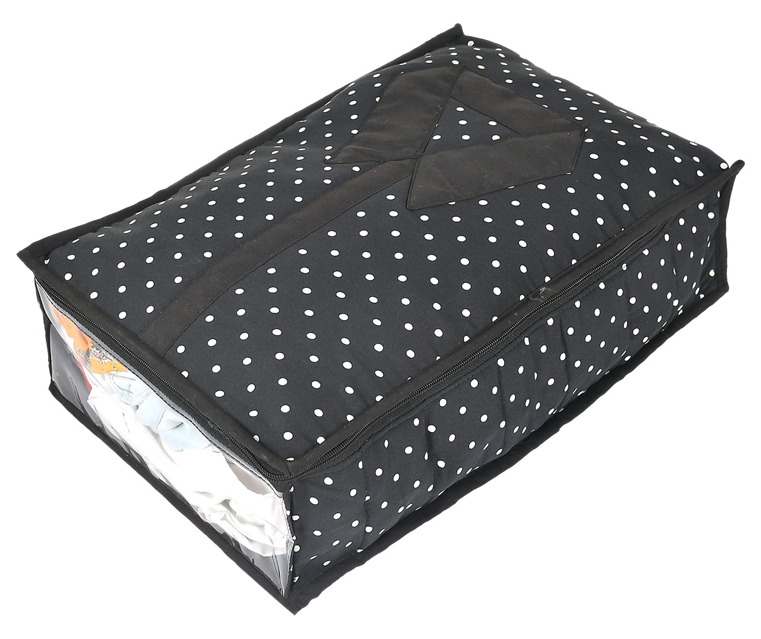 Kuber Industries Dot Printed Foldable Cotton Cloth Organizer/Cover For Shirts, T-shirts, Trousers, Jeans With Clear Window (Black)