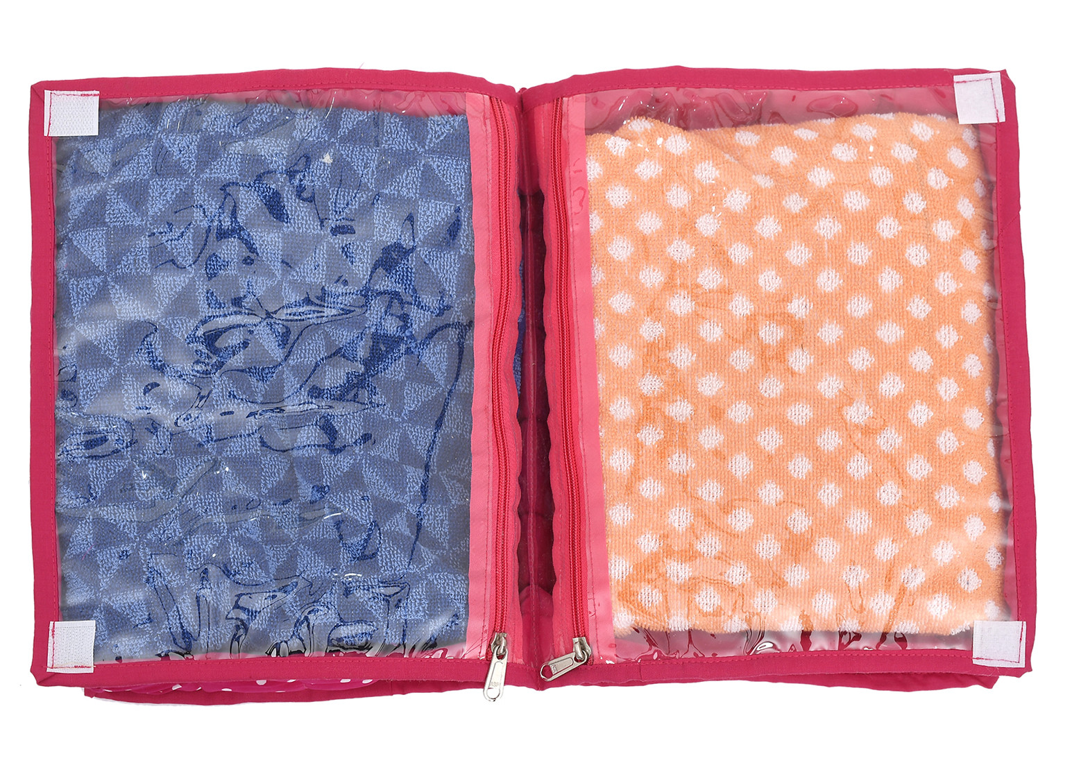 Kuber Industries Dot Printed Foldable Cotton Storage Bag/Garments Organizer With 2 Tranasparent Compartment (Pink) -45KM037