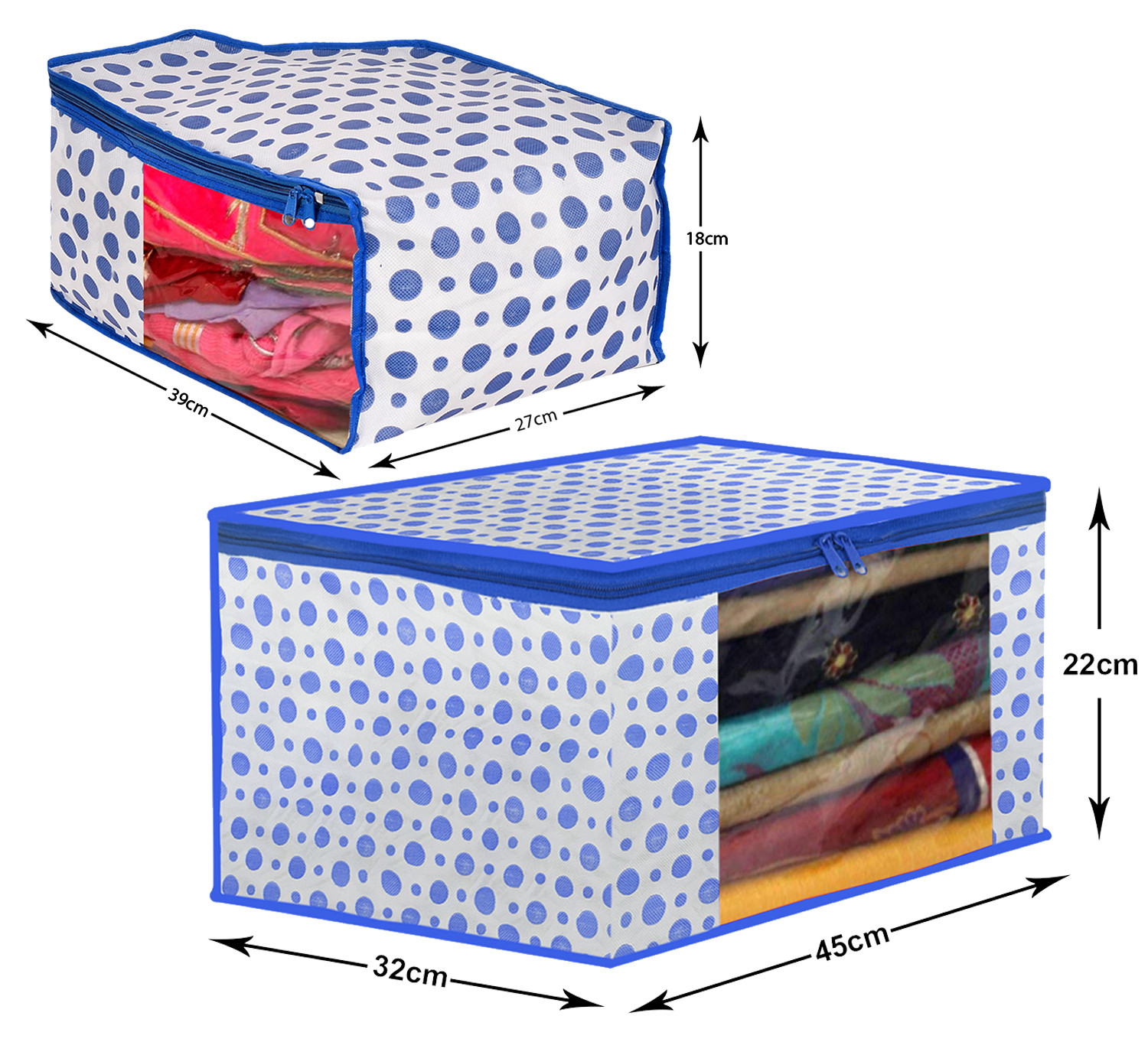 Kuber Industries Dot Printed Foldable, Lightweight Non-Woven Blouse & Saree Cover/Organizer Set With Tranasparent Window-(Blue)-46KM0465