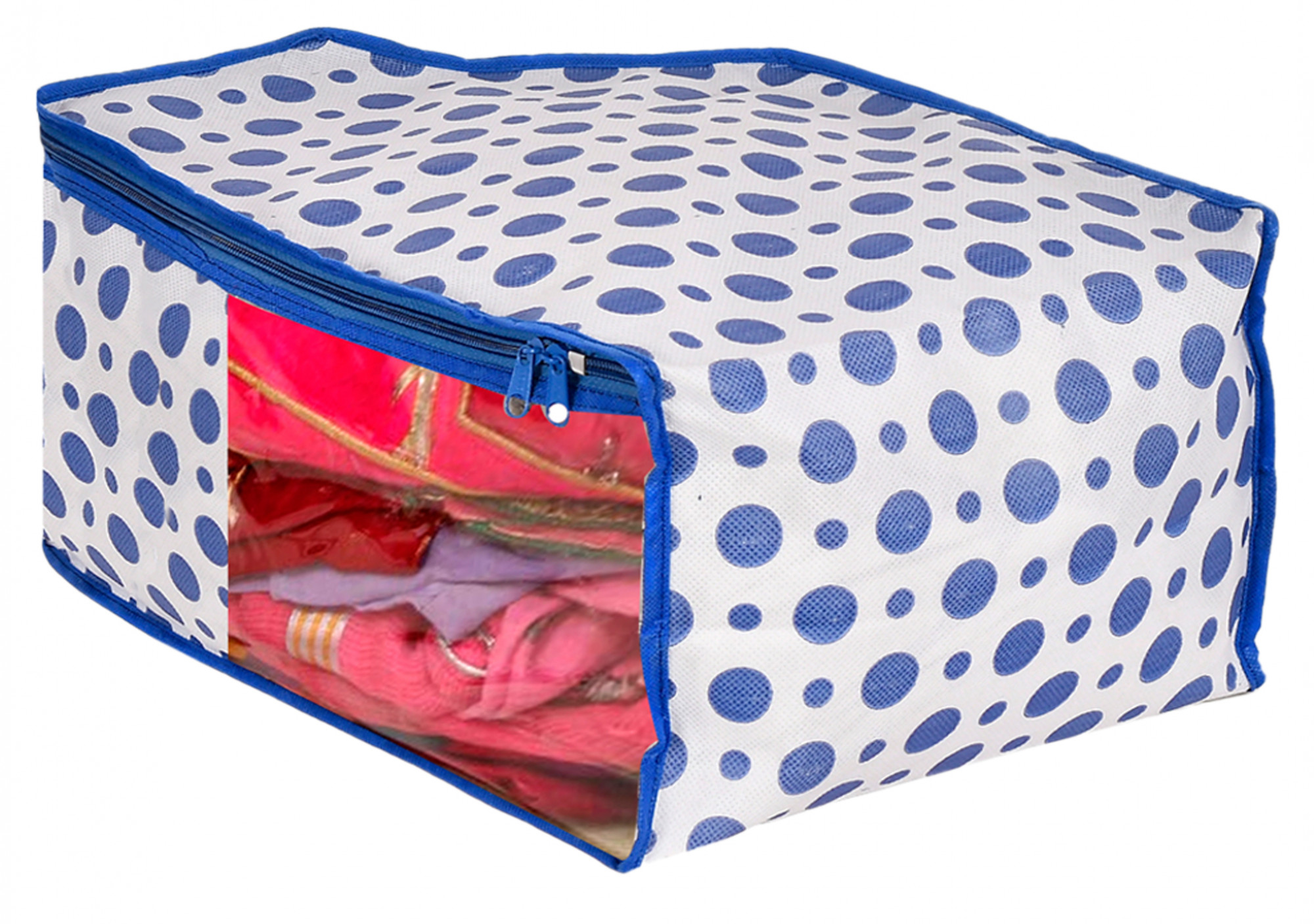 Kuber Industries Dot Printed Foldable, Lightweight Non-Woven Blouse & Saree Cover/Organizer Set With Tranasparent Window-(Blue)-46KM0465