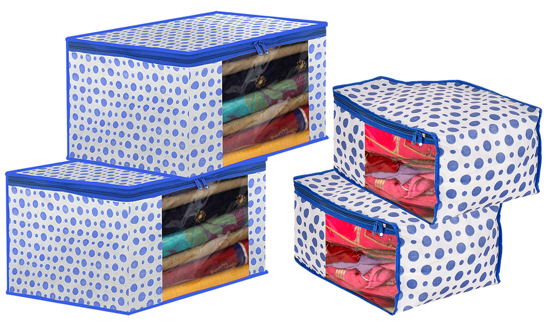 Kuber Industries Dot Printed Foldable, Lightweight Non-Woven Blouse & Saree Cover/Organizer Set With Tranasparent Window-(Blue)-46KM0465