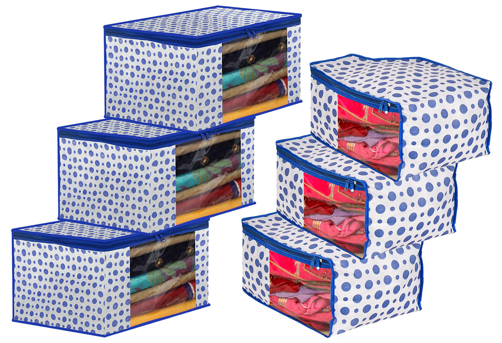 Kuber Industries Dot Printed Foldable, Lightweight Non-Woven Blouse & Saree Cover/Organizer Set With Tranasparent Window-(Blue)-46KM0465