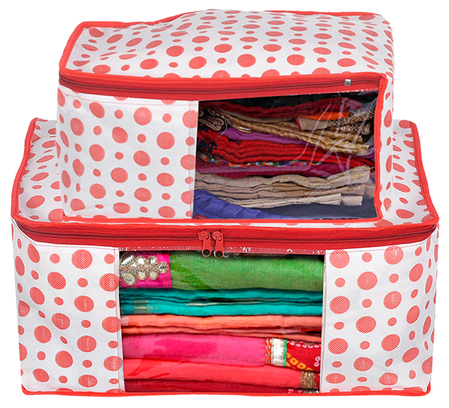 Kuber Industries Dot Printed Foldable, Lightweight Non-Woven Blouse & Saree Cover/Organizer Set With Tranasparent Window-(Pink)-46KM0471