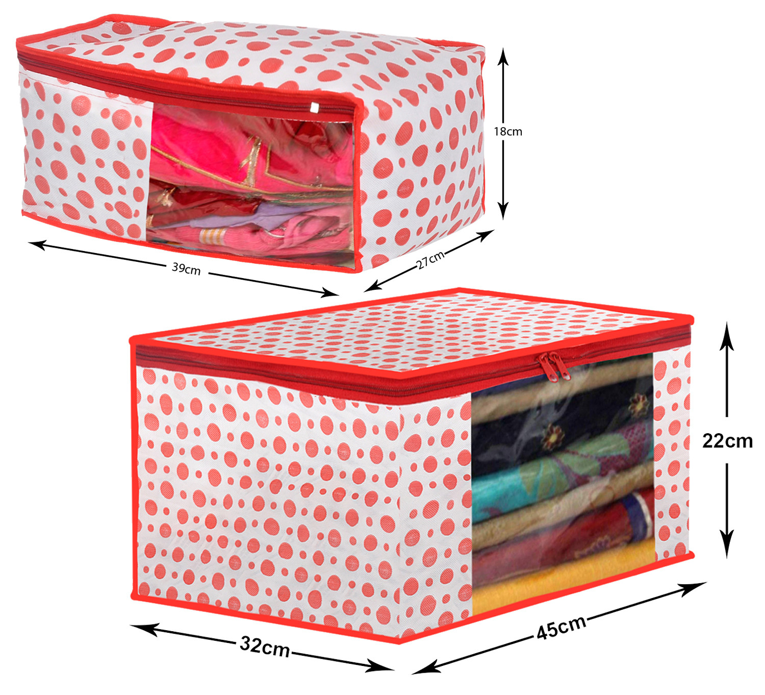 Kuber Industries Dot Printed Foldable, Lightweight Non-Woven Blouse & Saree Cover/Organizer Set With Tranasparent Window-(Pink)-46KM0471
