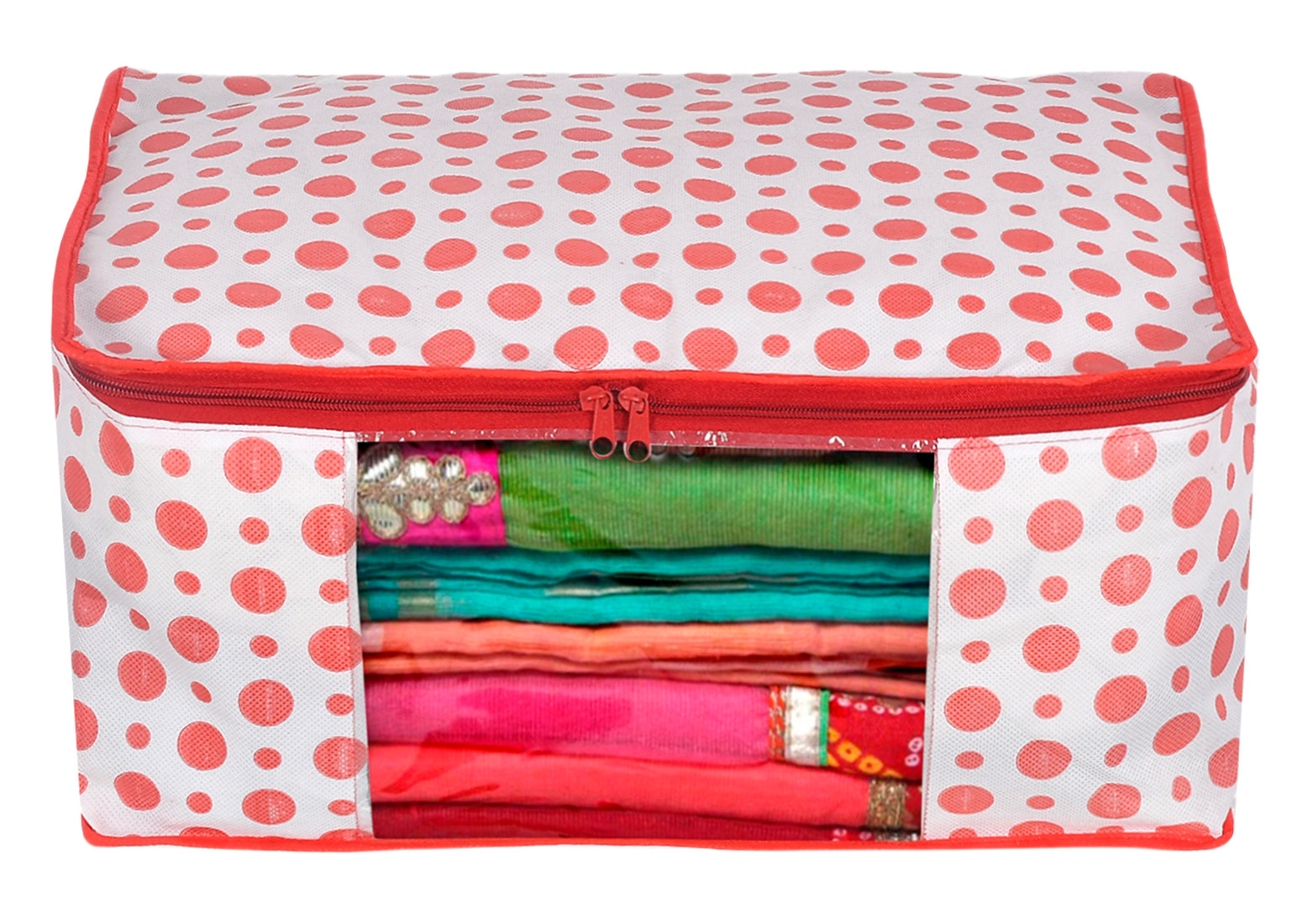 Kuber Industries Dot Printed Foldable, Lightweight Non-Woven Blouse & Saree Cover/Organizer Set With Tranasparent Window-(Pink)-46KM0471