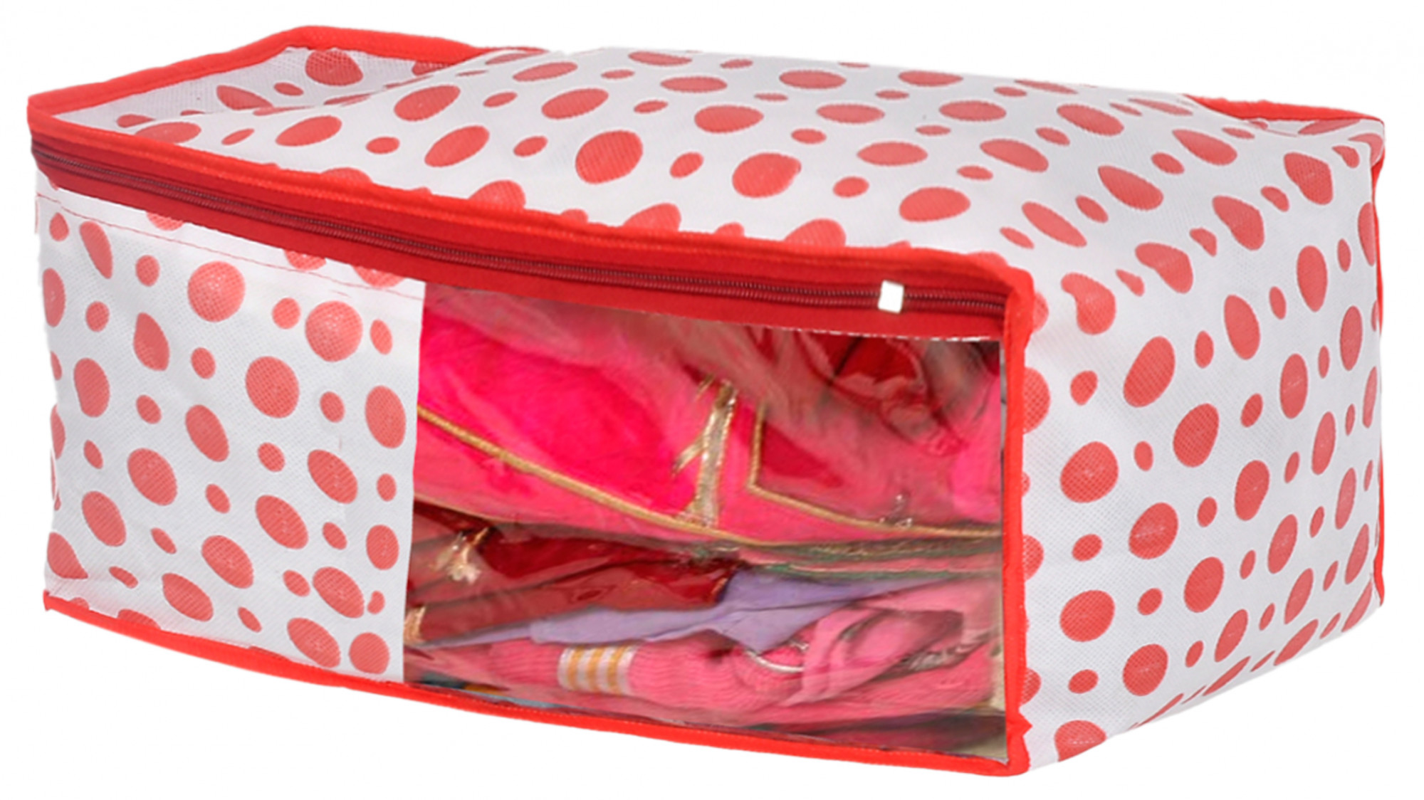 Kuber Industries Dot Printed Foldable, Lightweight Non-Woven Blouse & Saree Cover/Organizer Set With Tranasparent Window-(Pink)-46KM0471
